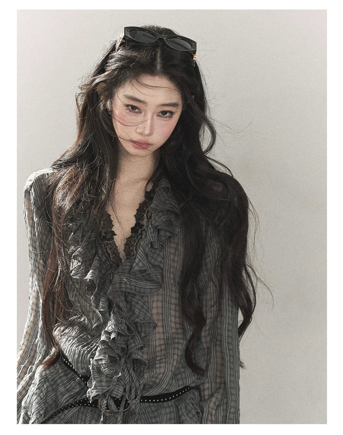 AOMALM - "Gray Check & Wild Wind" Ruffle Top & Mini Skirt Set (With Belt)