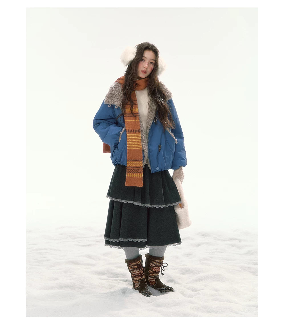CANSTORE - "Cobalt Snowfall" Cobalt Blue Cropped Toggle Coat with Plush Trim