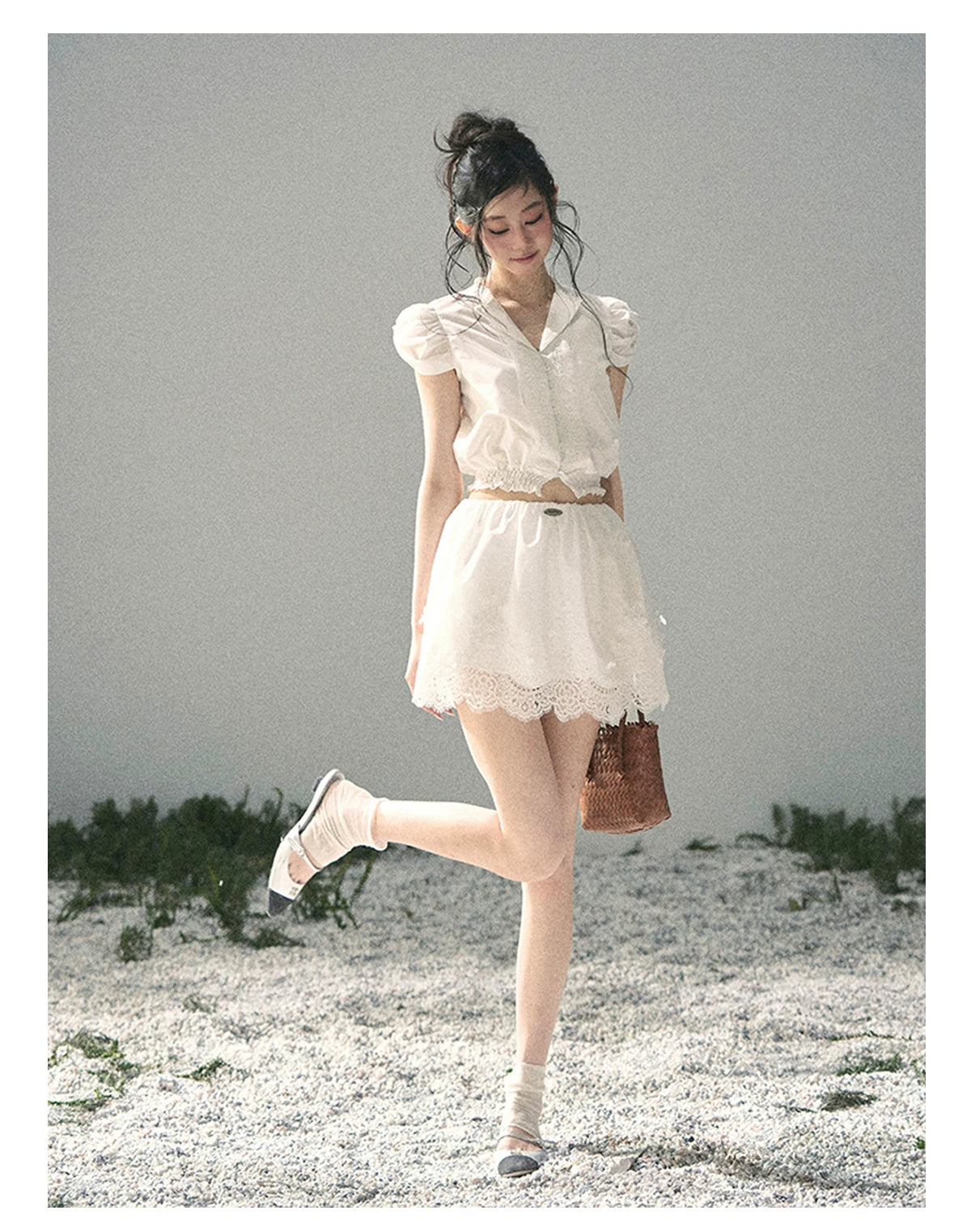 "Rose Petals in Secret" Cloud White Lace Two-Piece Skirt Set 142453