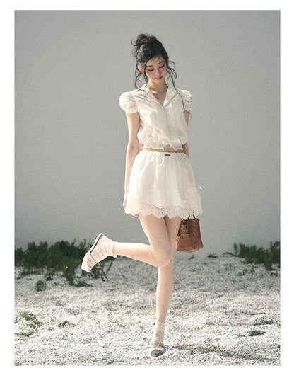 "Rose Petals in Secret" Cloud White Lace Two-Piece Skirt Set 142453