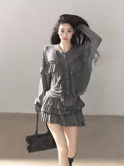 AOMALM - "Echoes in the Folds" Pearl Gray Relaxed Layered Mini Skort Set