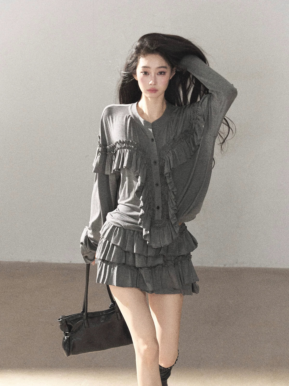 AOMALM - "Echoes in the Folds" Pearl Gray Relaxed Layered Mini Skort Set