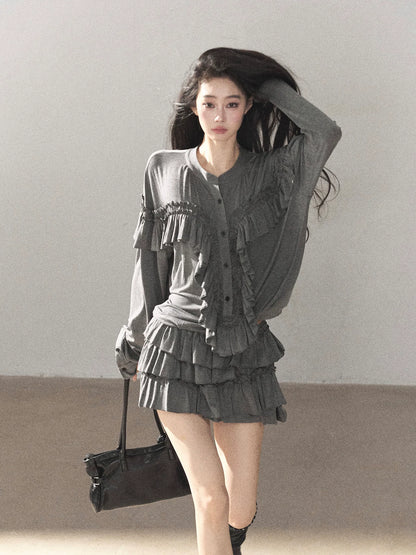 AOMALM - "Echoes in the Folds" Pearl Gray Relaxed Layered Mini Skort Set