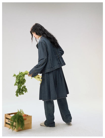 [CAN] "Wildflower Echoes" Vintage Indigo Denim Set (Jacket / Flared Pants / Midi Skirt)