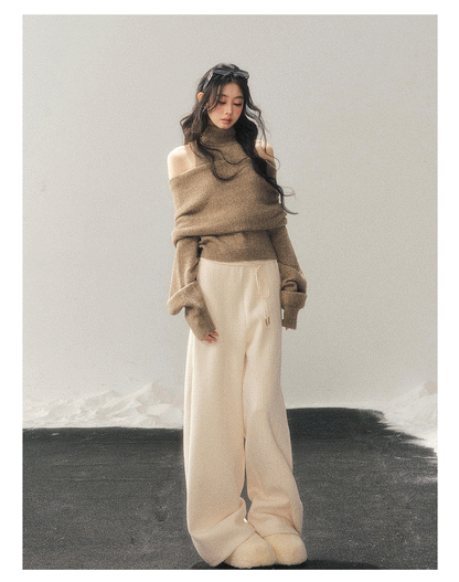 少也眼 "Echo of Sunset" Off-Shoulder Turtleneck Knit Two-Piece Set