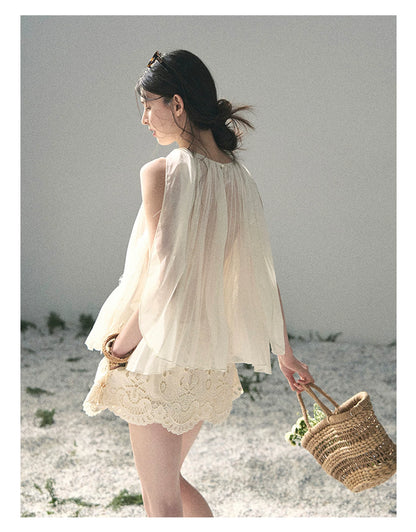 “Summer Light Through Pleats” Ivory Lace Pleated Halter Blouse