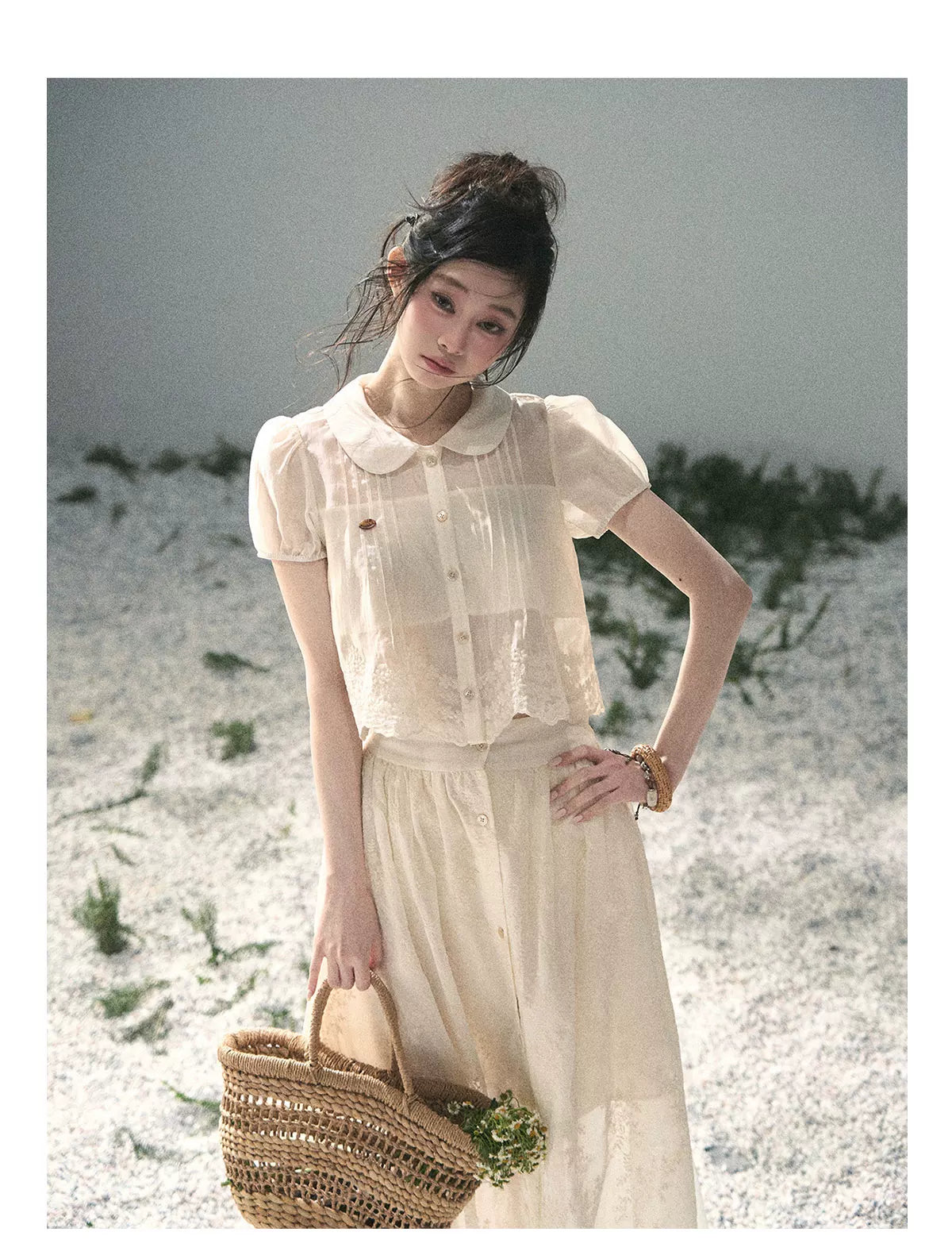 "Apricot Blossom After Rain" Dutch Cheese Lace Blouse & Maxi Skirt Set 532453