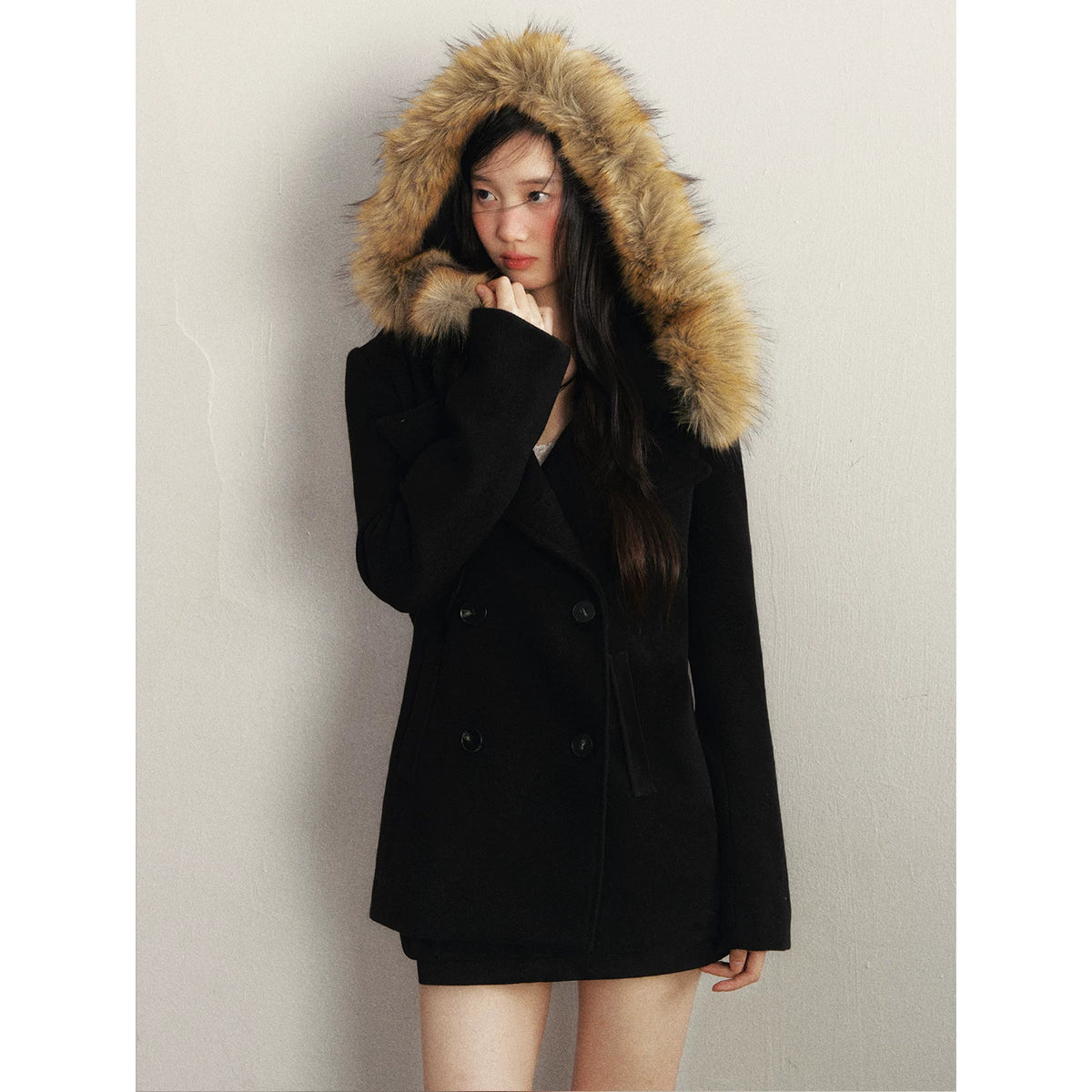 1P - Faux Fur Collar Double-Breasted Wool-Blend Coat