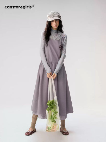 [CAN] "Violet Floral Bow" Purple Lace-Trim A-Line Pinafore Dress