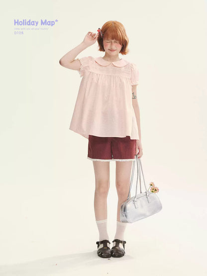 "Sweet Silhouette" Plaid Lace Trim Puff Sleeve Peter Pan Collar Blouse (Red Blue / Red White)