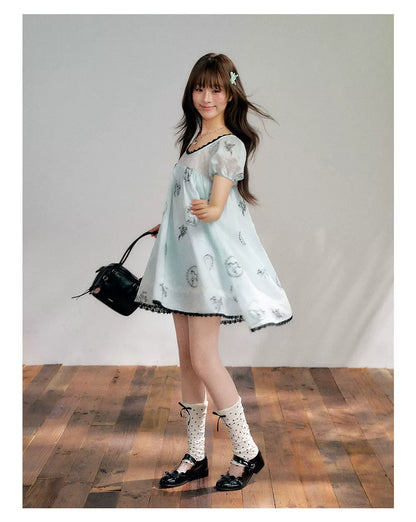 “Brown Sugar Fairytale” Blue Embroidered Puff Sleeve Dress