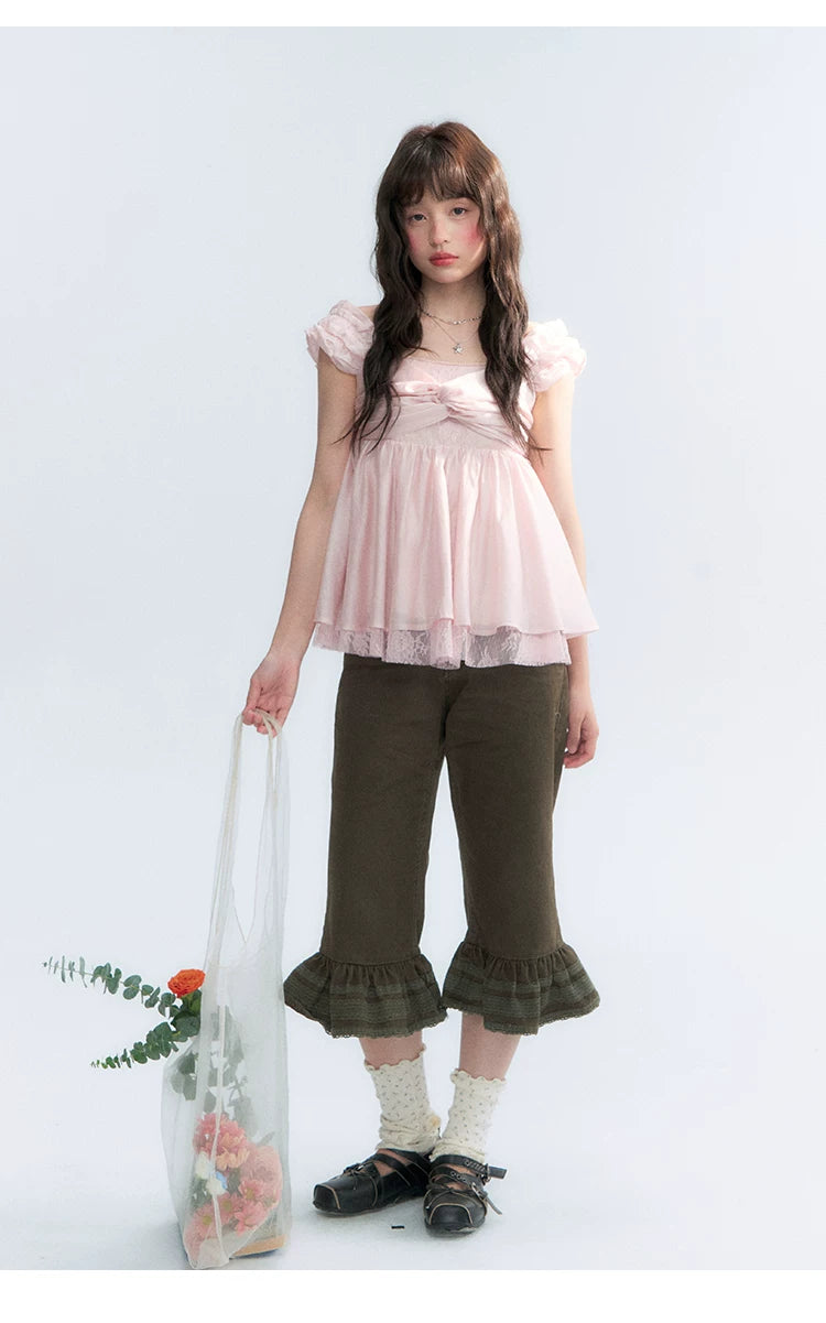 "Forest Cocoa" Dark Coffee Green Flare Capri Pants
