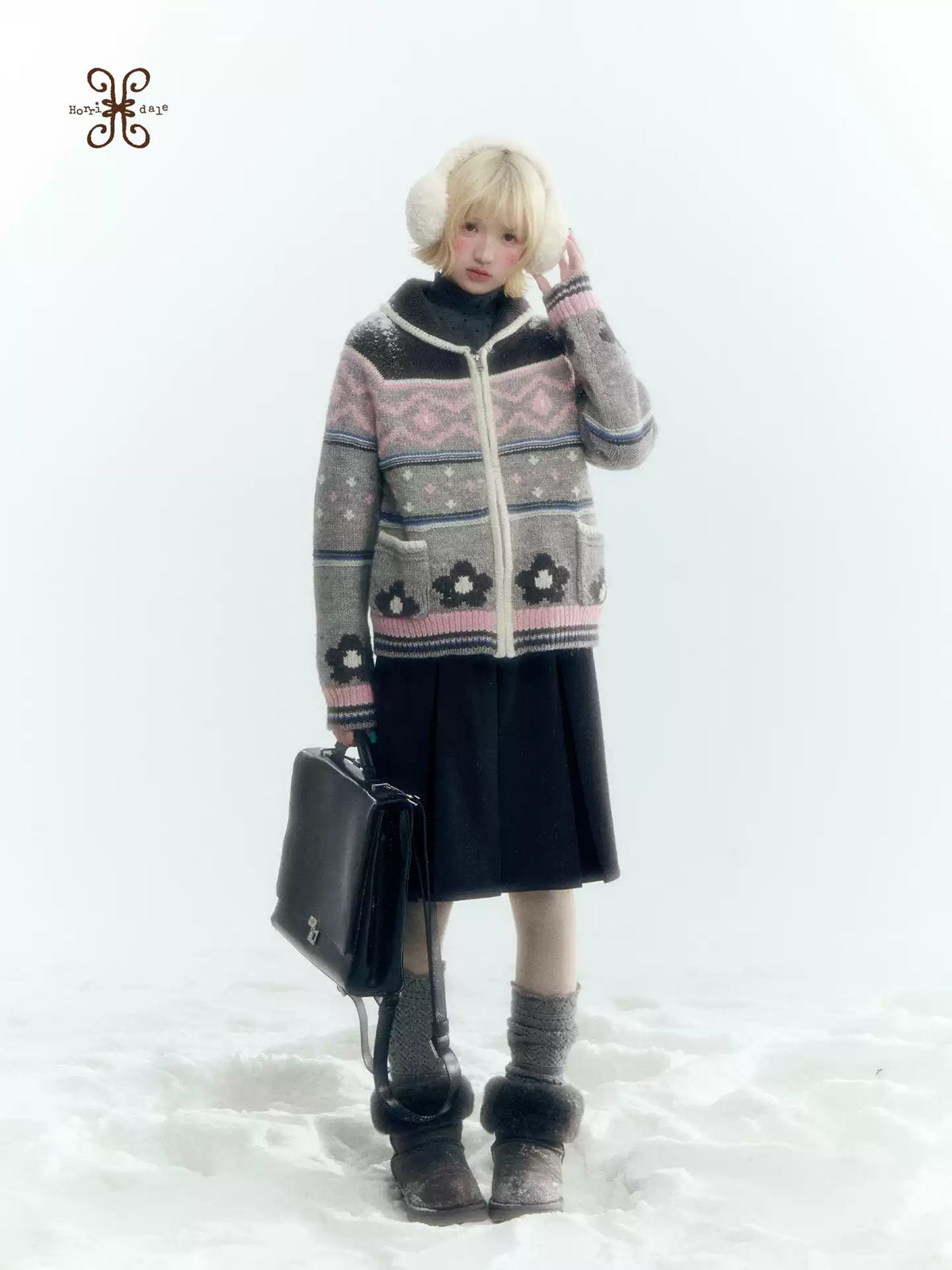 Horridale - Gray Pink Fair Isle Floral Zip-Up Knit Cardigan