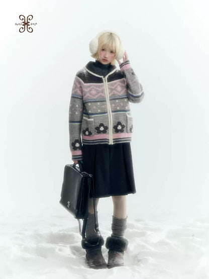 Horridale - Gray Pink Fair Isle Floral Zip-Up Knit Cardigan