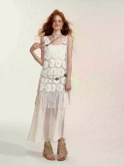 Apricot Sheer-Panel Midi Skirt