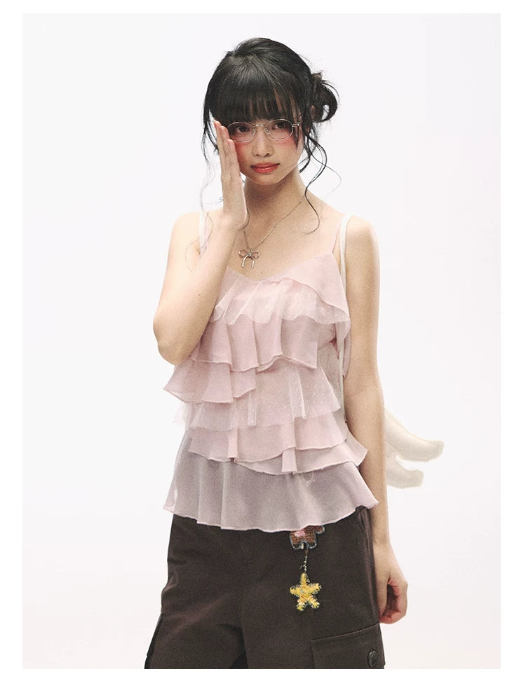 "Star Haven" Tiered Ruffle Cami Top (Cloud Blush Pink/ Moonlight Gray)