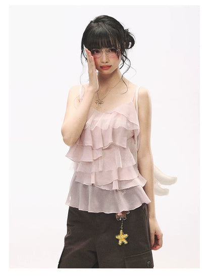 "Star Haven" Tiered Ruffle Cami Top (Cloud Blush Pink/ Moonlight Gray)