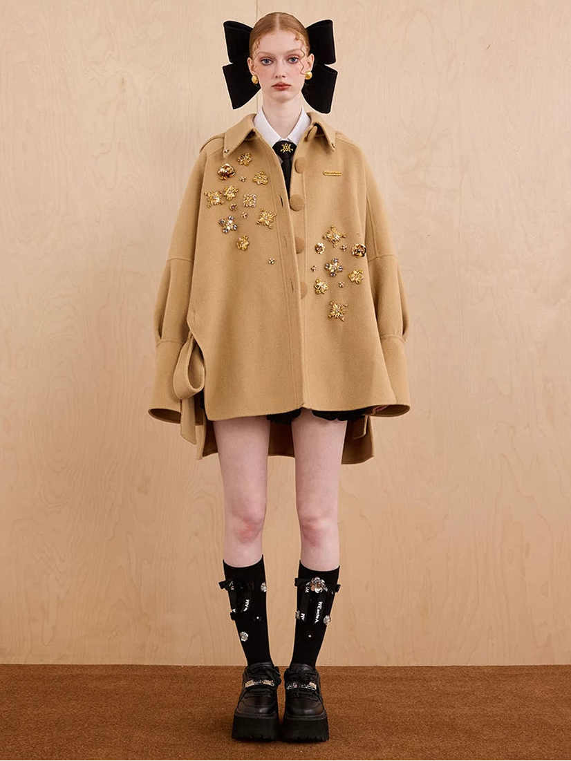 WEANCHEAM Wool Cape Coat | Cat-Ear Hood & Bow Details (Solid Camel/ Black Check)