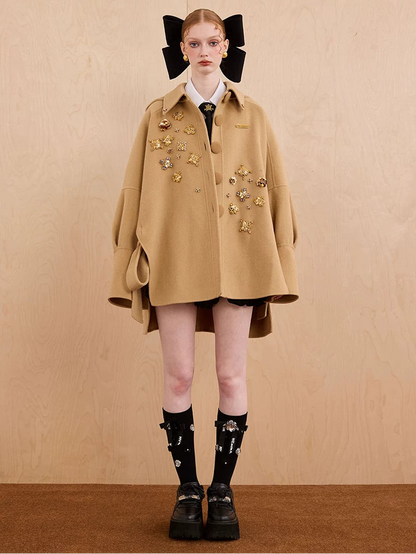 WEANCHEAM Wool Cape Coat | Cat-Ear Hood & Bow Details (Solid Camel/ Black Check)