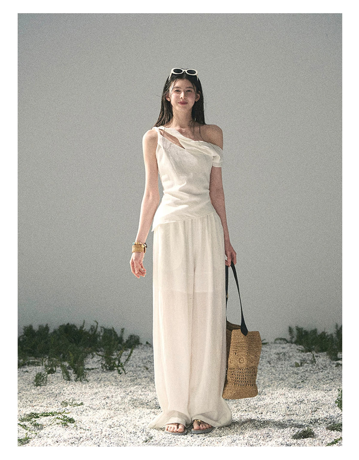 “Cloud Threads Falling at the Shoulder” Ivory Linen-Blend Two-Piece Set