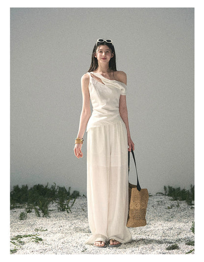 “Cloud Threads Falling at the Shoulder” Ivory Linen-Blend Two-Piece Set