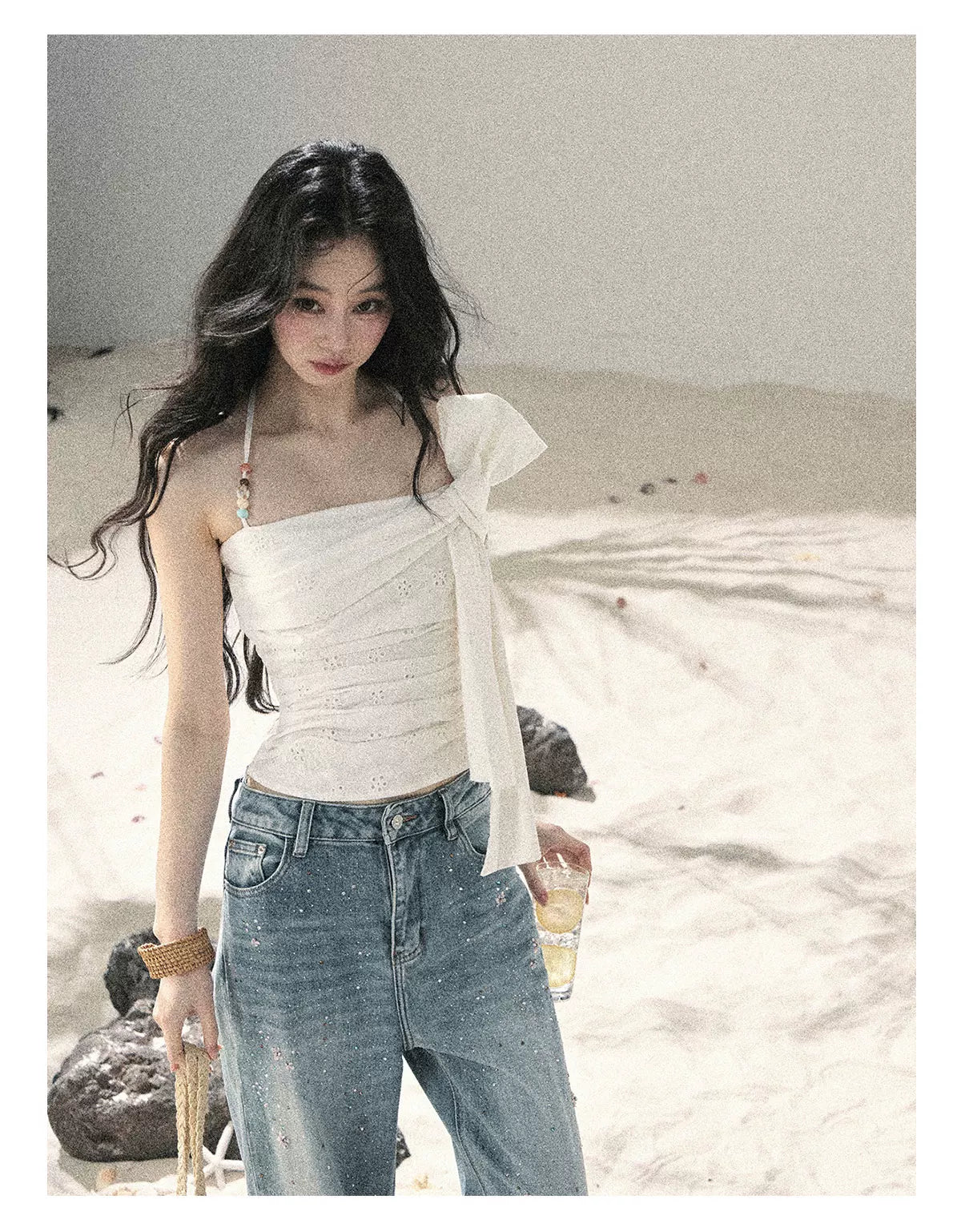 "Fragments of Tenderness" Frost White Halter Twist Crop Top