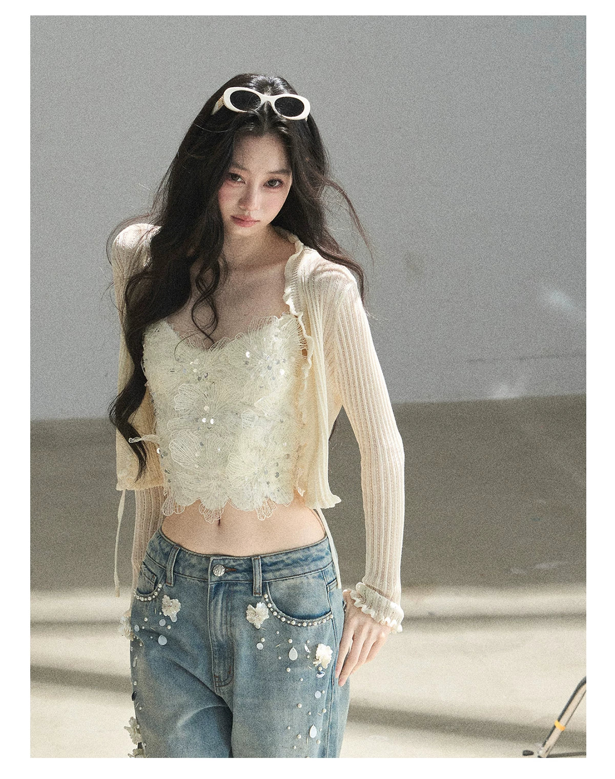 "Waiting for the Breeze" Apricot Lace Knit Cardigan & Cami Set