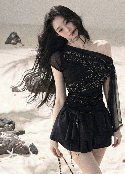 “Frosted Kiss” Quiet Black Crystal Mesh Short Sleeve Top