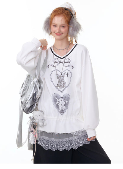 ZiziFei - Sweet Bunny Club V-Neck Sweatshirt – Ribbon & Drawstring Hem