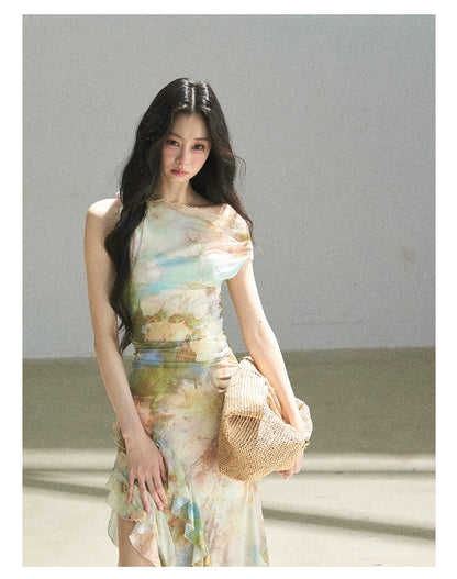 "Daisies & Poppies" Misty Meadow Off-Shoulder Lace Maxi Dress