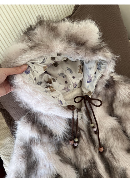 阮阮自制 - "Sweet Beauty Mark" Ombre Faux Fur Hooded Puffer Jacket