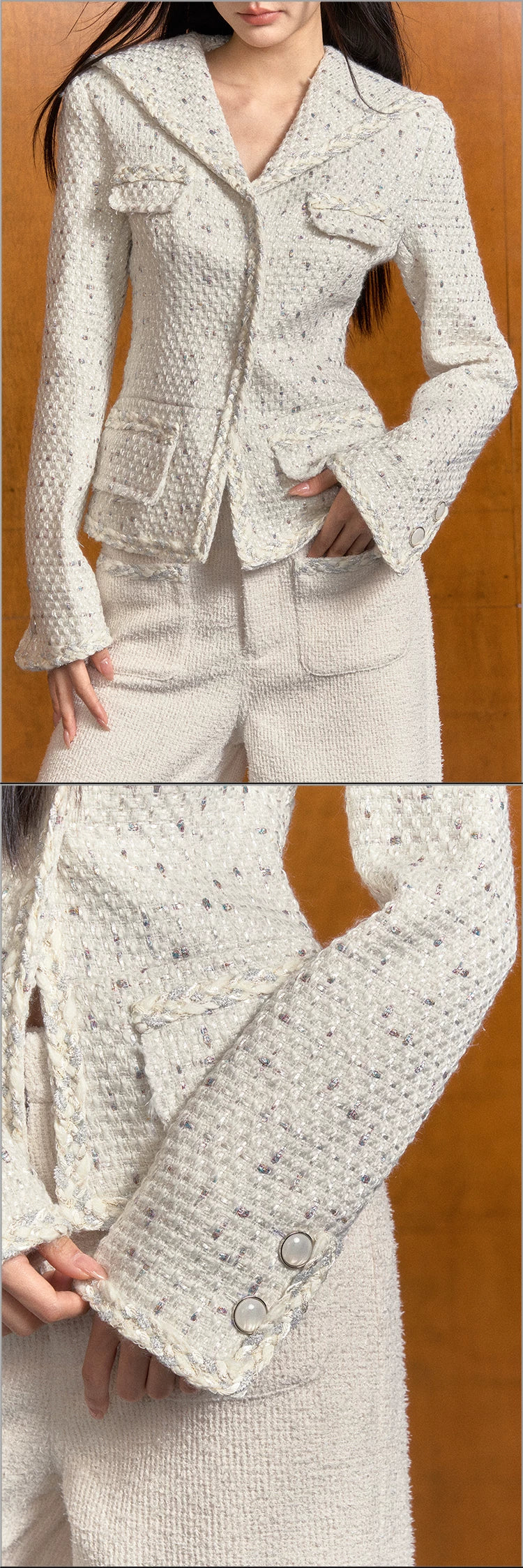 "Winter Heiress" White Tweed Sailor Collar Jacket