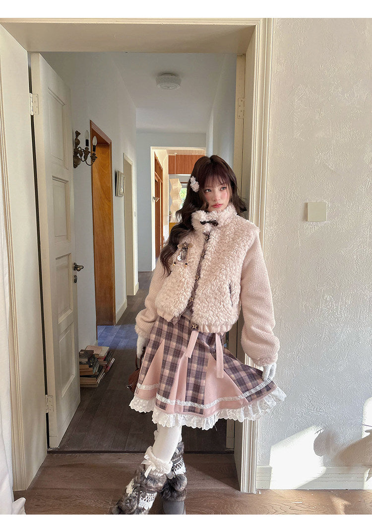 阮阮自制 - Love String Pink Plaid Wool Jacket & Mini Skirt Set