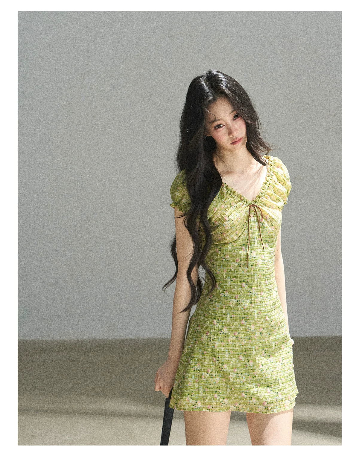 "Breath of the Forest" Misty Sage Embroidered Chiffon Mini Dress