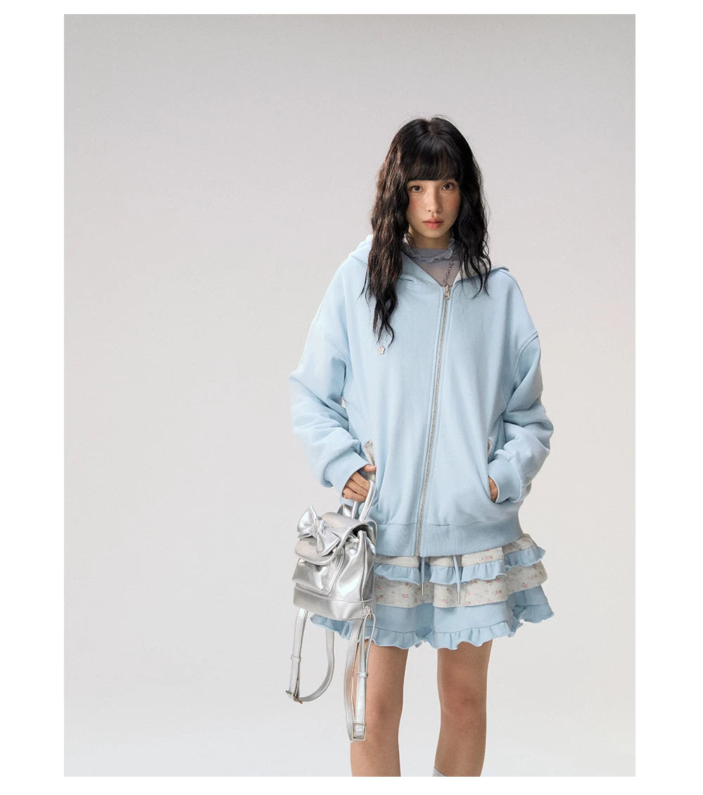 [CAN] "Misty Blue Floral Reverie" Light Blue Floral Set (Reversible Jacket / Sweatpants / Tiered Skirt)