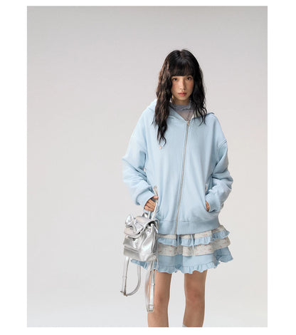 [CAN] "Misty Blue Floral Reverie" Light Blue Floral Set (Reversible Jacket / Sweatpants / Tiered Skirt)