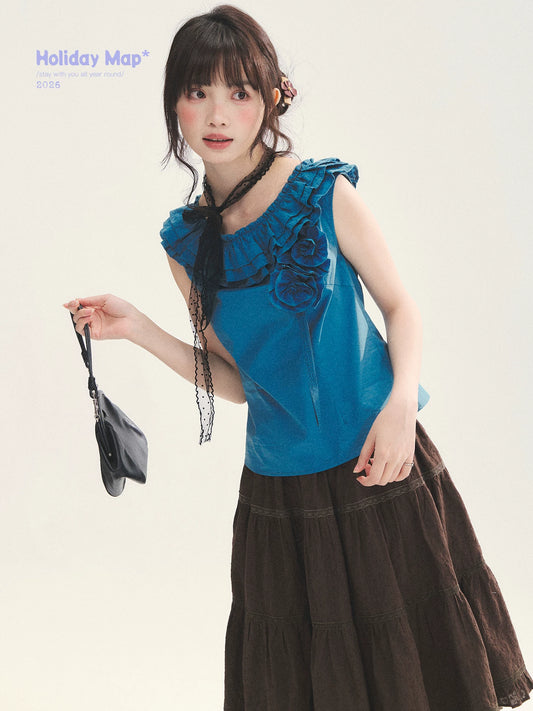 "Bluebell" Peacock Blue Lace Embroidered Fitted Sleeveless Top