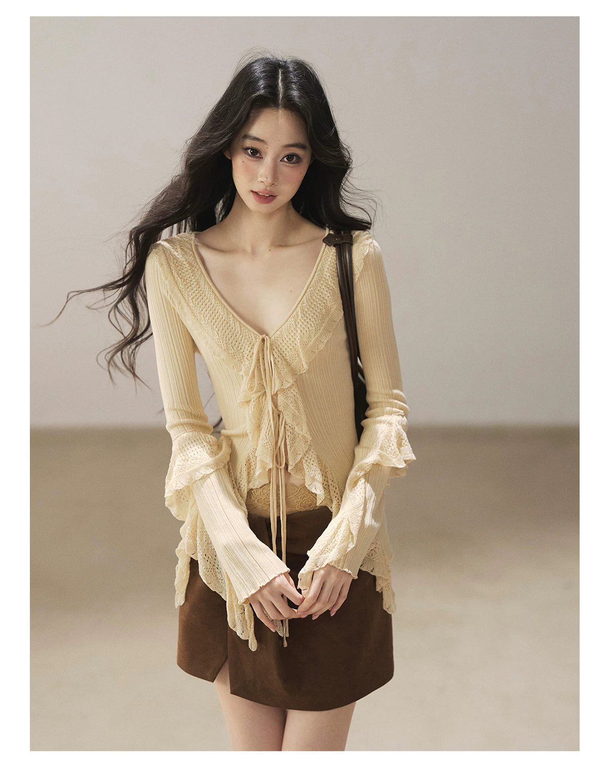 AOMALM - "The Gap of Light" Cheese Yellow Korean Ruffle Lace-Trim Knit Cardigan