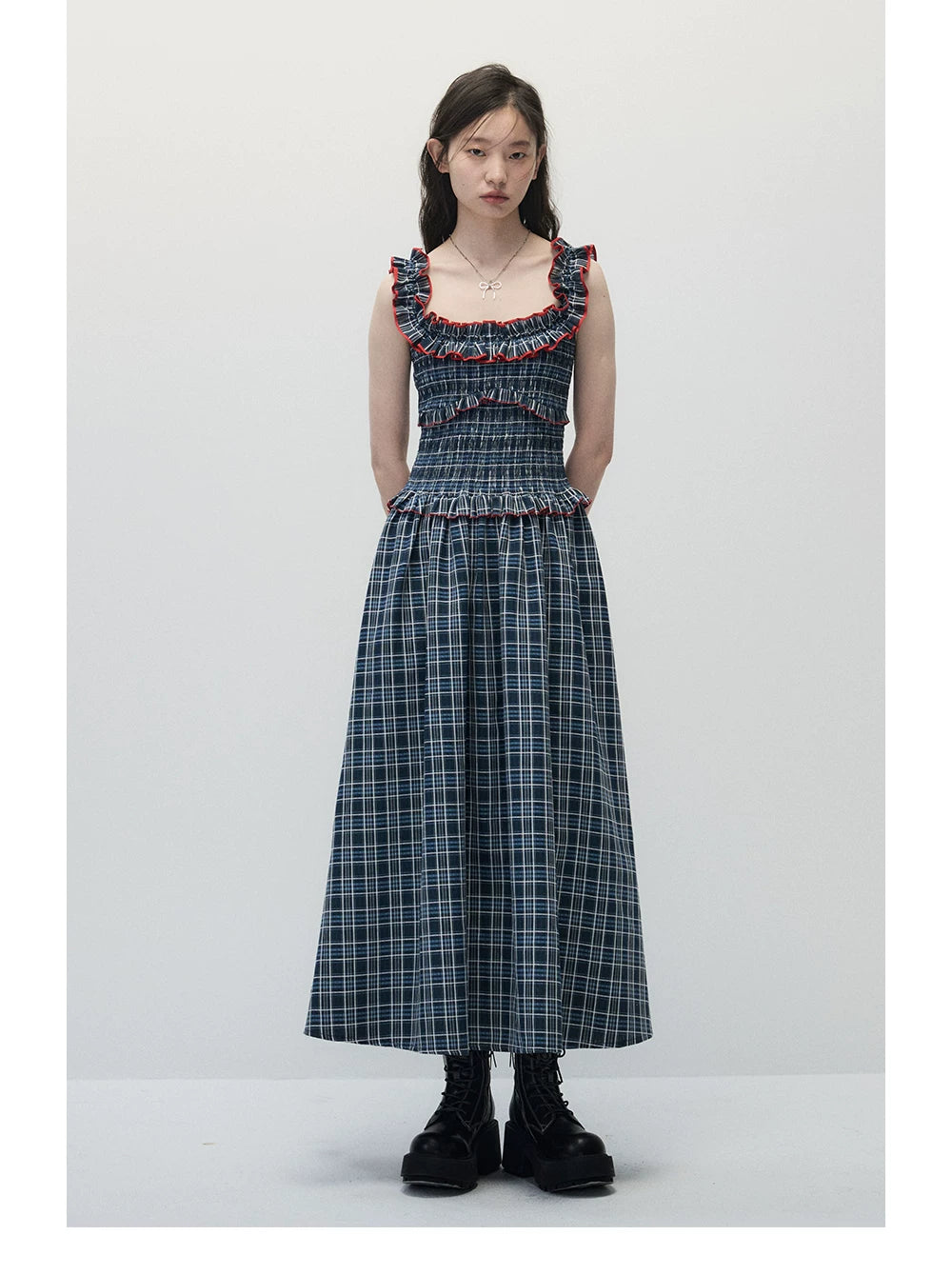 Navy Blue Plaid Off-Shoulder Maxi Dress with Red Contrast Trim