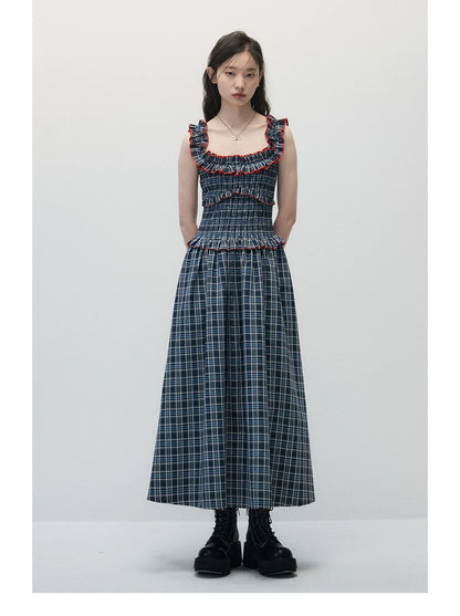 Navy Blue Plaid Off-Shoulder Maxi Dress with Red Contrast Trim