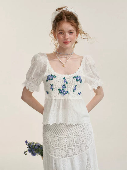 White Floral Embroidery Crochet-Detail Blouse