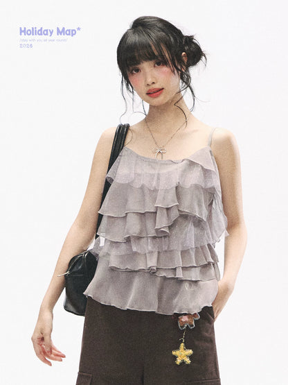 "Star Haven" Tiered Ruffle Cami Top (Cloud Blush Pink/ Moonlight Gray)