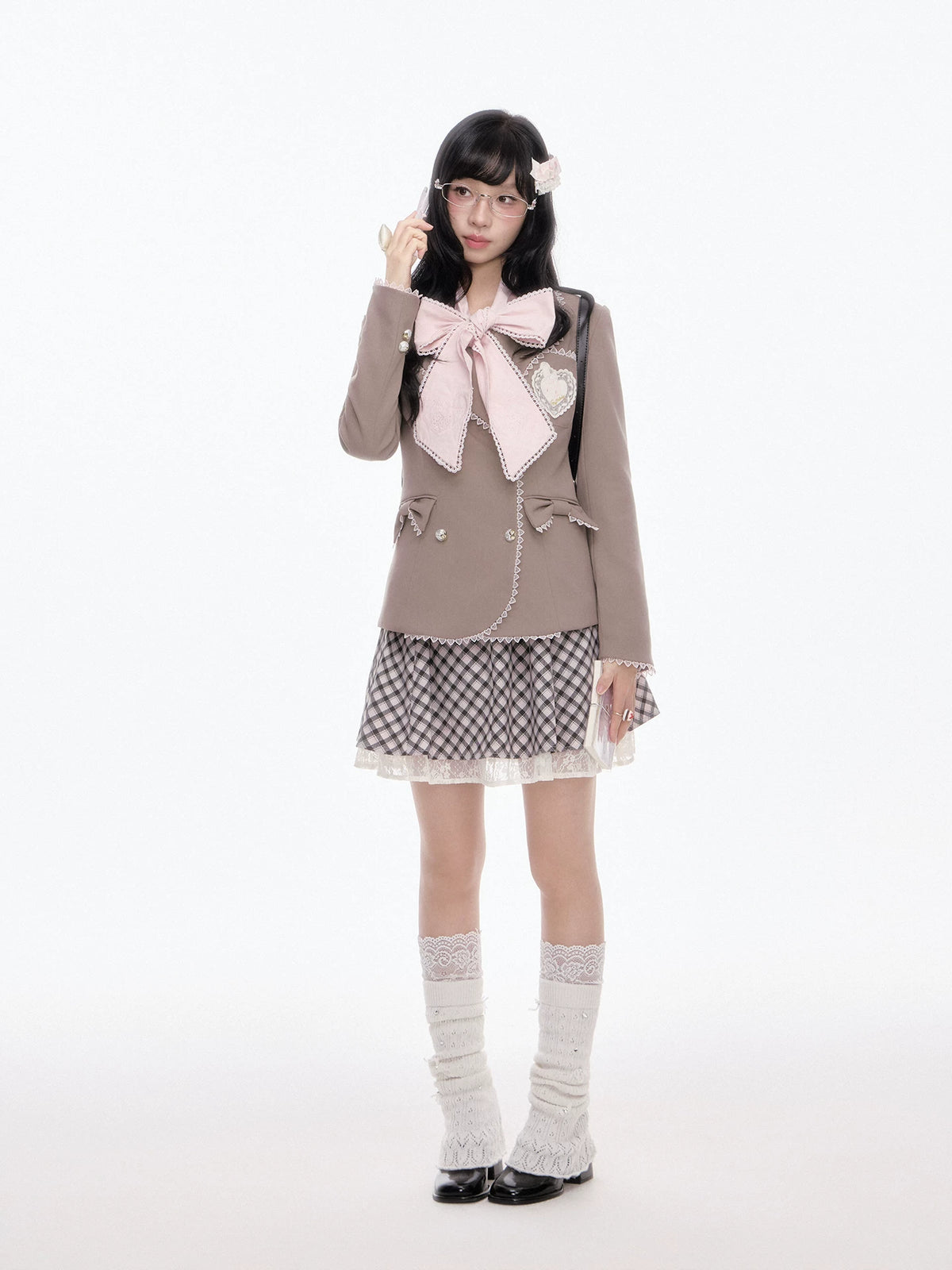 “Melody Academia” Pink Blazer + Blush Pink Shirt + Black & White Plaid Skirt Set
