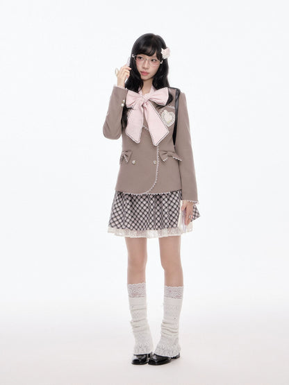 “Melody Academia” Pink Blazer + Blush Pink Shirt + Black & White Plaid Skirt Set