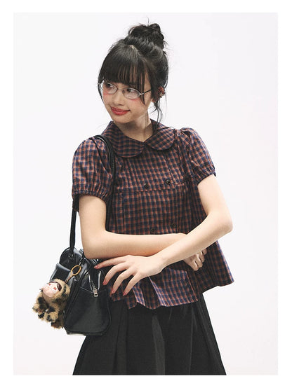 "Retro Plaid Sweetheart" Navy Orange Check Cotton Peter Pan Collar Blouse
