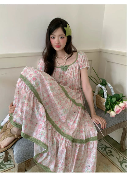 “Wildflower Green Grape” Pink Floral Tiered Dress