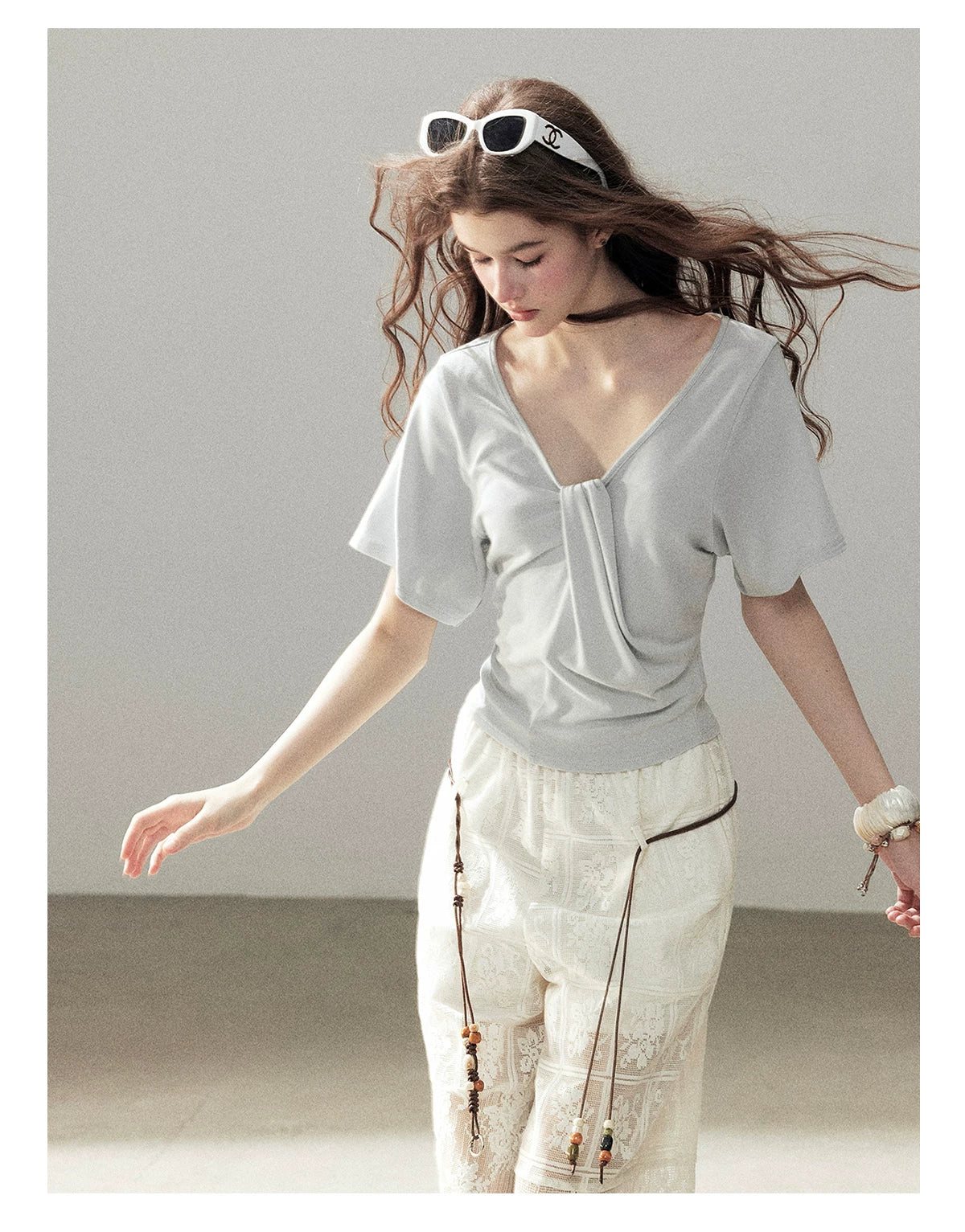 "Moonlight on Water" Twist-Front Cropped T-Shirt (Silver Mink Gray/ Mist Blue)