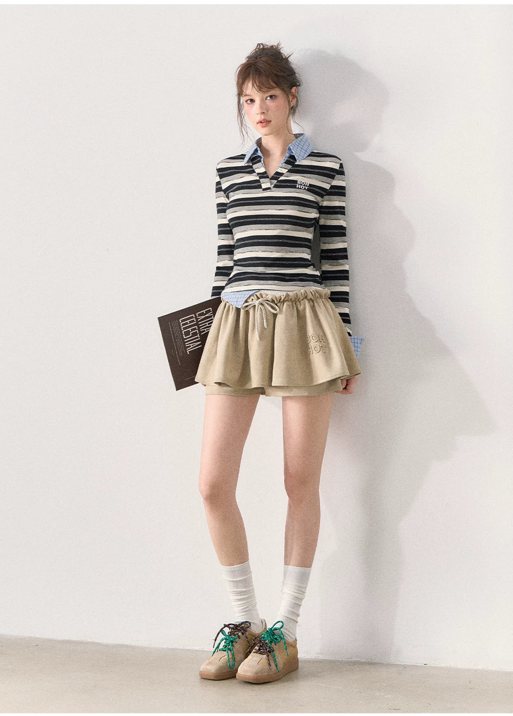 [TMMG] Miu-Inspired Striped Faux Two-Piece Long-Sleeve Polo Top