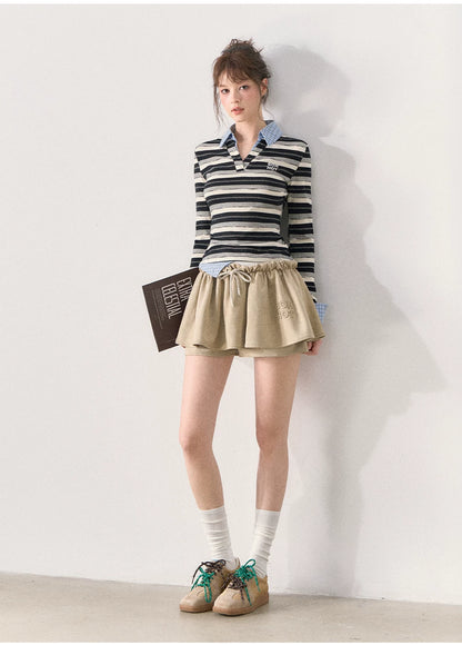 [TMMG] Miu-Inspired Striped Faux Two-Piece Long-Sleeve Polo Top