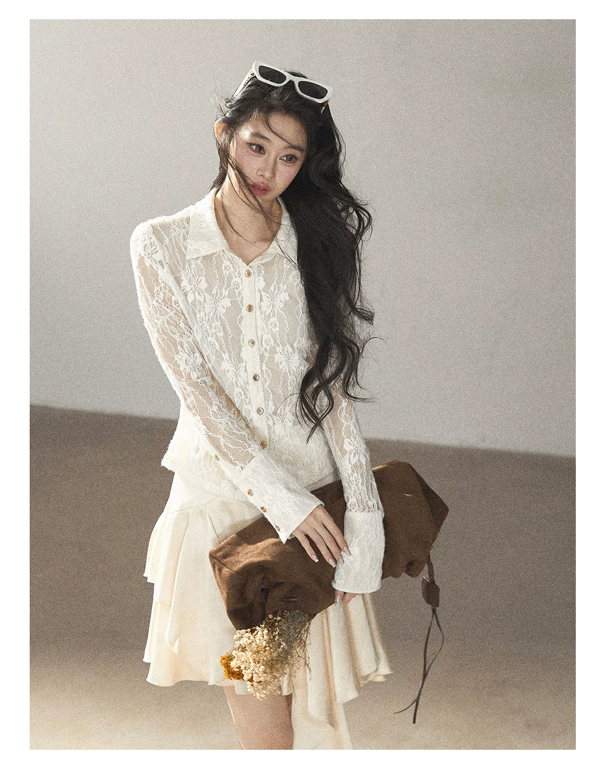 AOMALM - "Vine Texture" Dutch Cream French Lace Polo Collar Cutout Cropped Top